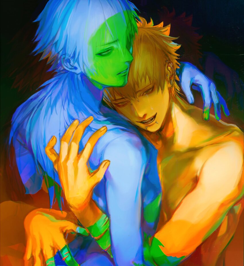 2boys arm_around_neck blue_skin bridge_piercing collarbone colored_skin commentary dramatical_murder ear_piercing english_commentary green_skin hand_on_another&#039;s_back head_on_chest highres i_depend_on_you_(meme) labret_piercing long_hair male_focus meme multiple_boys multiple_monochrome noiz_(dramatical_murder) nude orange_skin parted_lips piercing seragaki_aoba short_hair spiked_hair thijkoij yaoi