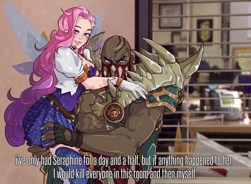 1boy 1girl carrying carrying_person dark_skin english_text fairy_wings highres holding i&#039;ve_only_had_arlo_for_a_day_and_a_half_(meme) league_of_legends looking_at_viewer meme muscular muscular_male non-web_source pink_hair pyke_(league_of_legends) rolo&#039;s_art seraphine_(league_of_legends) wings