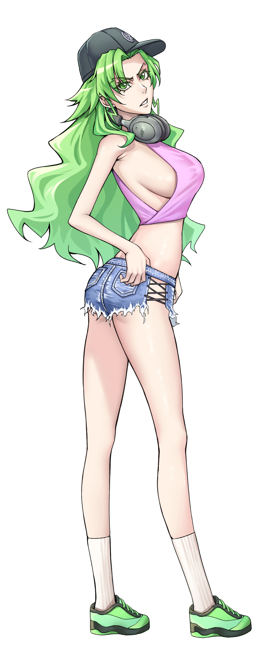1girl absurdres bleach bleach:_sennen_kessen-hen breasts candice_catnipp collarbone denim denim_shorts female_focus full_body green_eyes green_hair green_shoes hat headphones headphones_around_neck highres jeans_shorts knee_socks large_breasts long_hair looking_at_viewer matching_hair/eyes no_bra quincy_(bleach) sakuya_(liao_kj) shoes shorts sideboob socks solo solo_focus standing sternritter white_socks