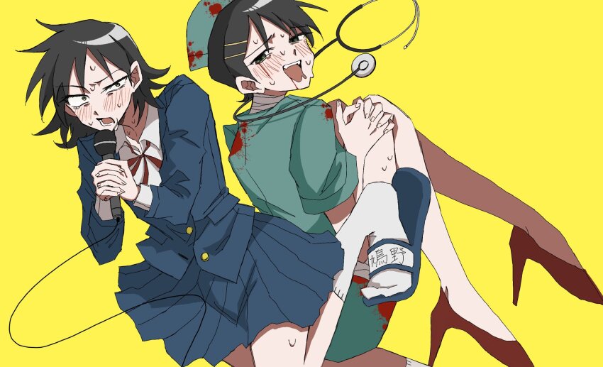 2girls aqua_dress bandaged_neck bandages black_eyes black_hair blazer blood blood_on_clothes blue_jacket blue_sandals blue_skirt blush cable collared_shirt commentary dress dress_shirt drooling fake_blood furrowed_brow futsuu_no_keion-bu green_eyes hair_ornament hairpin halloween_costume hat hatono_chihiro high_heels highres holding holding_microphone jacket kouyama_rin long_sleeves microphone mouth_drool multiple_girls name_tag neck_ribbon nurse nurse_cap official_alternate_costume own_hands_clasped own_hands_together pixie_cut pleated_skirt red_ribbon red_shoes ribbon sandals sanpaku school_uniform shirt shoes short_hair short_sleeves simple_background skirt slides socks stethoscope_around_neck sweat white_shirt white_socks wing_collar winter_uniform yellow_background yuyuyu19990926
