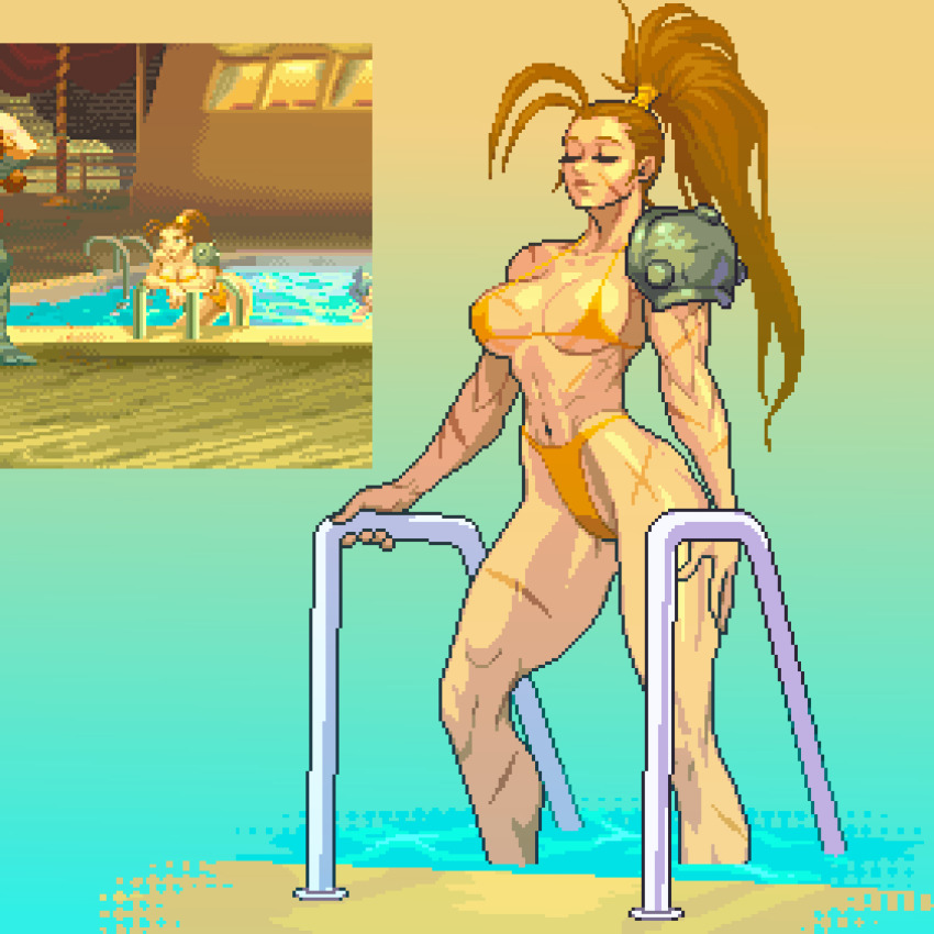 1girl alien_(series) alien_vs._predator bikini breasts brown_hair capcom cleavage closed_eyes highres large_breasts legs linn_kurosawa long_hair micro_bikini navel omegachaino pixel_art ponytail pool predator_(series) smile swimsuit thick_thighs thighs thong_bikini toned water yellow_bikini