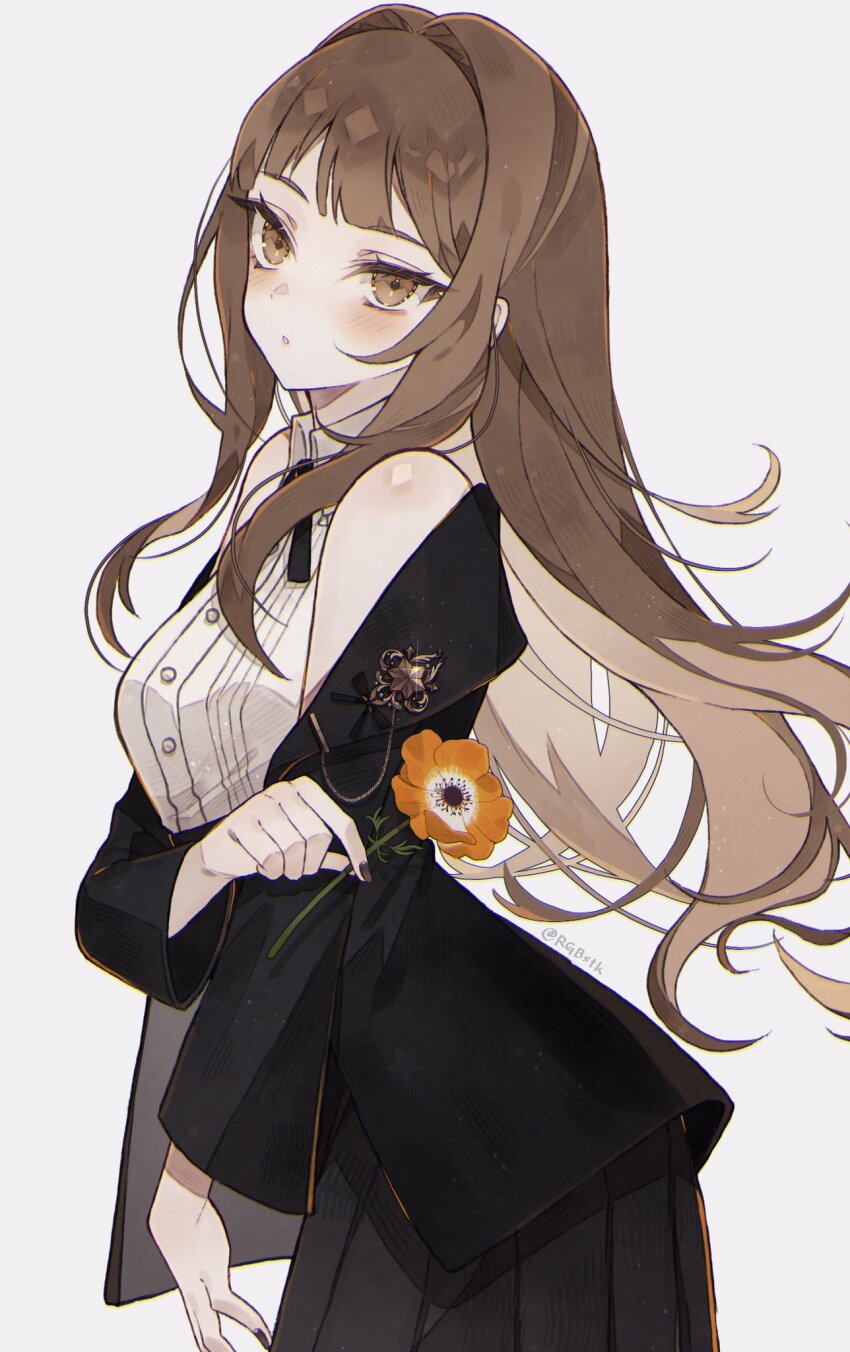 1girl arm_across_waist bad_id bad_twitter_id bare_shoulders black_jacket black_nails black_ribbon black_skirt brown_eyes brown_hair buttons collared_vest commentary flower from_side hair_ornament hair_ribbon hairpin head_tilt highres holding holding_flower jacket lapel_pin long_hair long_sleeves looking_at_viewer nail_polish neck_ribbon off_shoulder original parted_lips pleated_skirt ribbon satsuki_(miicat) simple_background skirt solo twitter_username vest white_background white_vest