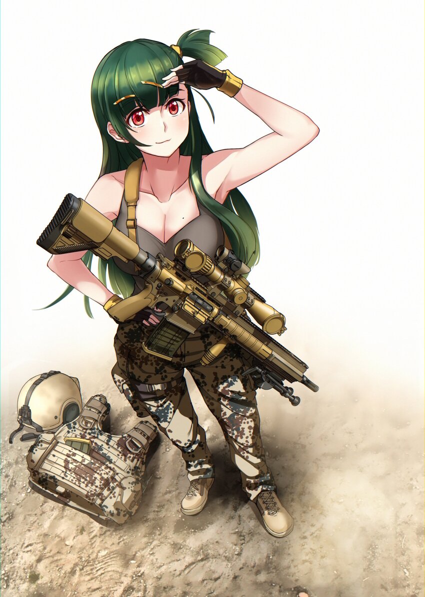 1girl absurdres alternate_costume bipod black_gloves boots breasts bulletproof_vest camouflage camouflage_pants camouflage_vest cleavage closed_mouth collarbone combat_helmet commentary english_commentary fingerless_gloves from_above g28_(girls&#039;_frontline) girls&#039;_frontline gloves green_hair gun h&amp;k_g28 hand_on_own_hip hand_up helmet highres holding holding_gun holding_weapon lace-up_boots light_smile macline military_uniform mole mole_on_breast one_side_up orange_eyes pants scope solo standing tank_top unworn_headwear unworn_helmet unworn_vest weapon yellow_boots yellow_helmet yellow_pants