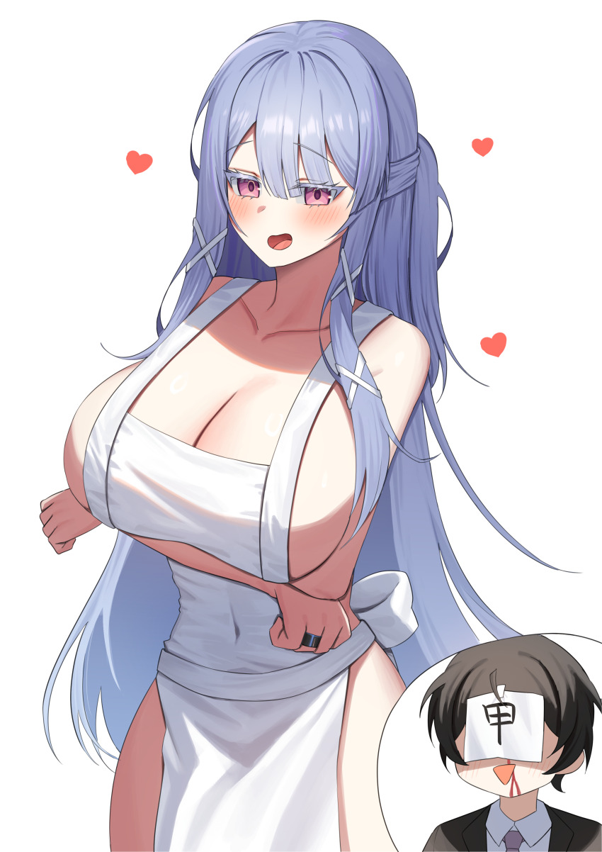 1boy 1girl :&gt; :d absurdres administrator_(counter:side) apron arms_under_breasts aroused_nosebleed blood blush breasts cleavage collarbone commentary counter:side covered_navel crossed_arms embarrassed hair_between_eyes half_updo heart highres huge_breasts inset jewelry jinggun long_hair looking_at_viewer naked_apron nosebleed open_mouth paper_on_head pink_eyes purple_hair ring sideboob sidelocks simple_background smile swan_claire very_long_hair white_apron white_background