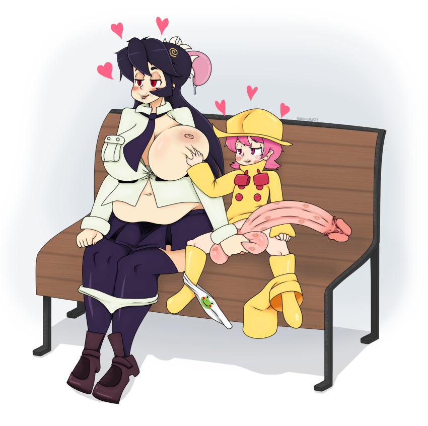 1futa 1girl age_difference ass black_hair breasts english_text filia_(skullgirls) futa_with_female futanari grabbing_another&#039;s_breast groping huge_ass huge_breasts huge_penis huge_testicles loli long_hair nipples one_breast_out panties panties_around_leg penis penis_grab pink_eyes pink_hair red_eyes saliva saliva_trail simple_background sitting size_difference skullgirls smile speech_bubble testicle_grab testicles tongue tongue_out touhoufan umbrella_(skullgirls) underwear white_background