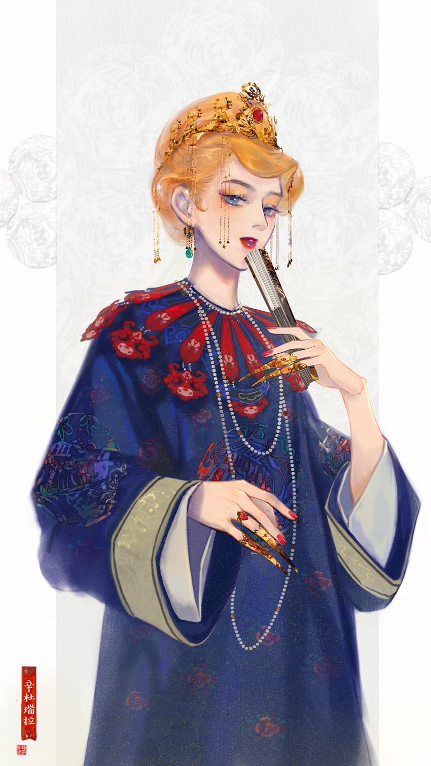 1girl blonde_hair blue_dress blue_eyes blue_hanfu chinese_clothes cinderella cinderella_(disney) claw_ring dress floral_print_dress folding_fan gold_tiara hair_bun hand_fan hanfu highres jewelry long_sleeves looking_at_viewer necklace pearl_necklace qingfengche red_lips solo yunjian