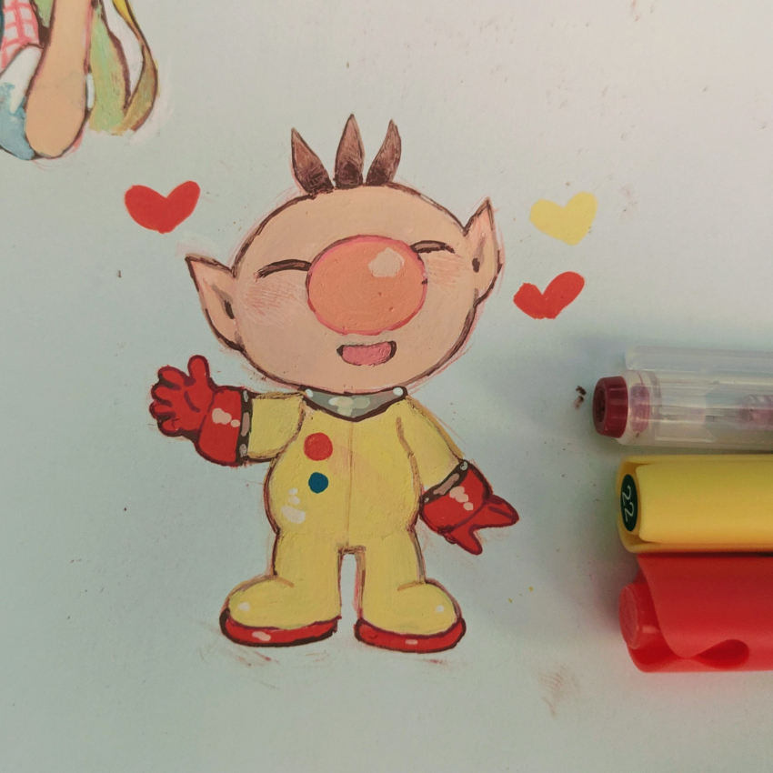 1boy 1girl :d ^_^ art_tools_in_frame big_nose blush bodysuit bokujou_monogatari brown_hair claire_(bokujou_monogatari) closed_eyes gloves heart highres male_focus nintendo numbers_(pigpenandpaper) olimar open_mouth photo_(medium) pikmin_(series) pointy_ears red_gloves smile solo_focus traditional_media yellow_bodysuit