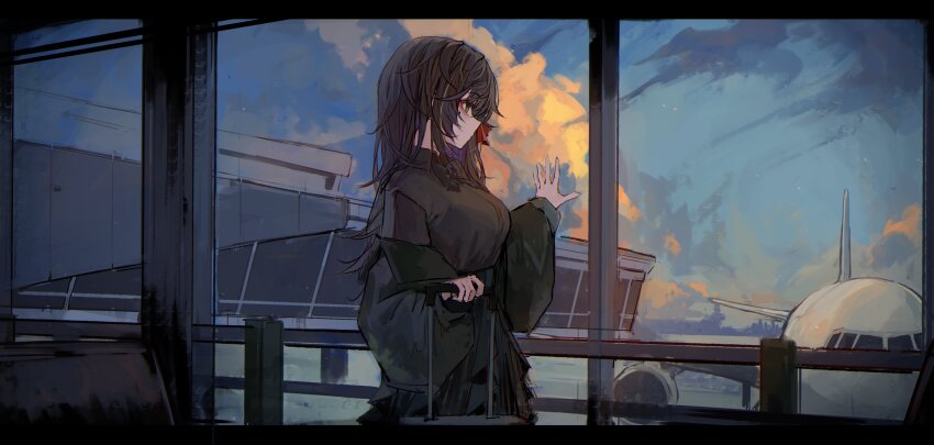 1girl absurdres aircraft airplane airport black_hair black_jacket black_shirt black_skirt breasts collared_shirt commentary dress_shirt english_commentary glass hand_on_window highres indoors jacket jet_airliner large_breasts letterboxed long_hair long_sleeves looking_outside naokomama off_shoulder original rolling_suitcase shirt skirt solo standing suitcase window wing_collar