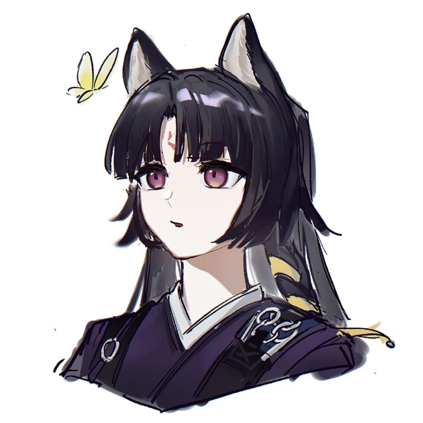 1girl animal_ears arknights black_hair bug butterfly chinese_commentary commentary_request cropped_shoulders facial_mark forehead_mark insect long_hair open_mouth parted_bangs purple_eyes saga_(arknights) simple_background sketch solo white_background xi_wa_ai_shijin_tang yellow_butterfly
