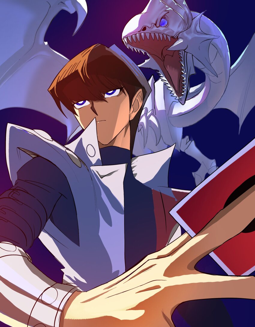absurdres black_shirt blue-eyes_white_dragon blue_background blue_eyes brown_hair card coat dragon duel_monster highres holding holding_card kaiba_seto male_focus open_mouth sharp_teeth shirt short_hair simple_background sukehachi teeth trading_card upper_body white_coat yu-gi-oh! yu-gi-oh!_duel_monsters