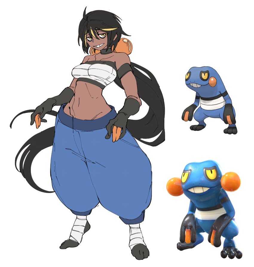 1girl ankle_wrap armband baggy_pants bandaged_foot bandages bare_shoulders black_armband black_choker black_gloves blonde_hair blue_pants breasts chest_sarashi choker colored_tips creature_and_personification croagunk dark-skinned_female dark_skin elbow_gloves eyeshadow finger_cots full_body furrowed_brow gen_4_pokemon gloves grin half-closed_eyes highres long_hair looking_at_viewer low_ponytail makeup midriff multicolored_hair navel nintendo official_art_inset orange_eyeshadow pants personification pokemon ponytail rikodamu1 sarashi simple_background smile standing strapless tube_top very_long_hair white_background yellow_eyes