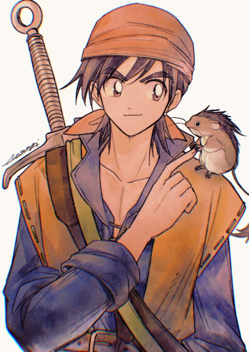 1boy animal animal_on_shoulder bandana belt belt_buckle blue_shirt brown_eyes brown_hair buckle closed_mouth coat collarbone commentary_request dragon_quest dragon_quest_viii hero_(dq8) highres long_sleeves looking_at_another male_focus mouse_(animal) mouyi munchie_(dq8) open_clothes open_coat popped_collar red_bandana red_headwear shirt short_hair signature simple_background smile smug sword sword_on_back upper_body weapon weapon_on_back yellow_coat