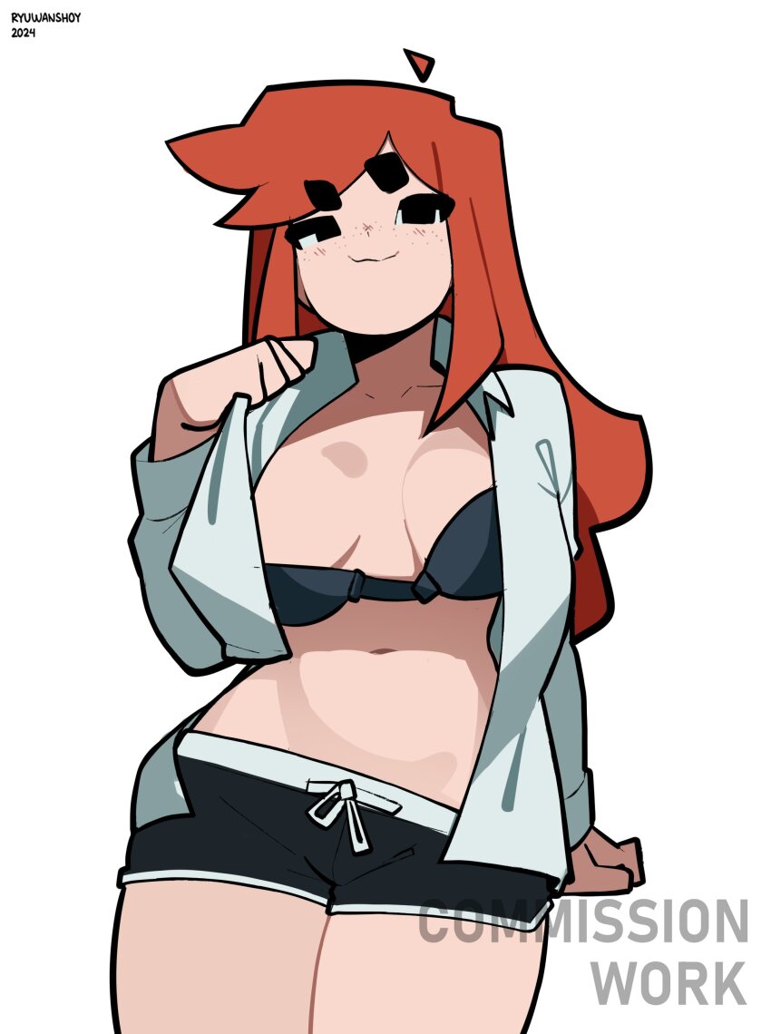 absurdres bra commission freckles glasses highres red_hair ryu_(ryuwanshoy) shorts siri_jay unbuttoned unbuttoned_shirt underwear