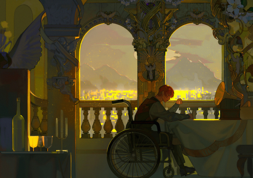 1boy aircraft angel bottle candle cityscape commentary cup dirigible highres holding holding_pen indoors male_focus original pen phonograph profile red_hair short_hair solo table wheelchair window writing xiaoquandianer