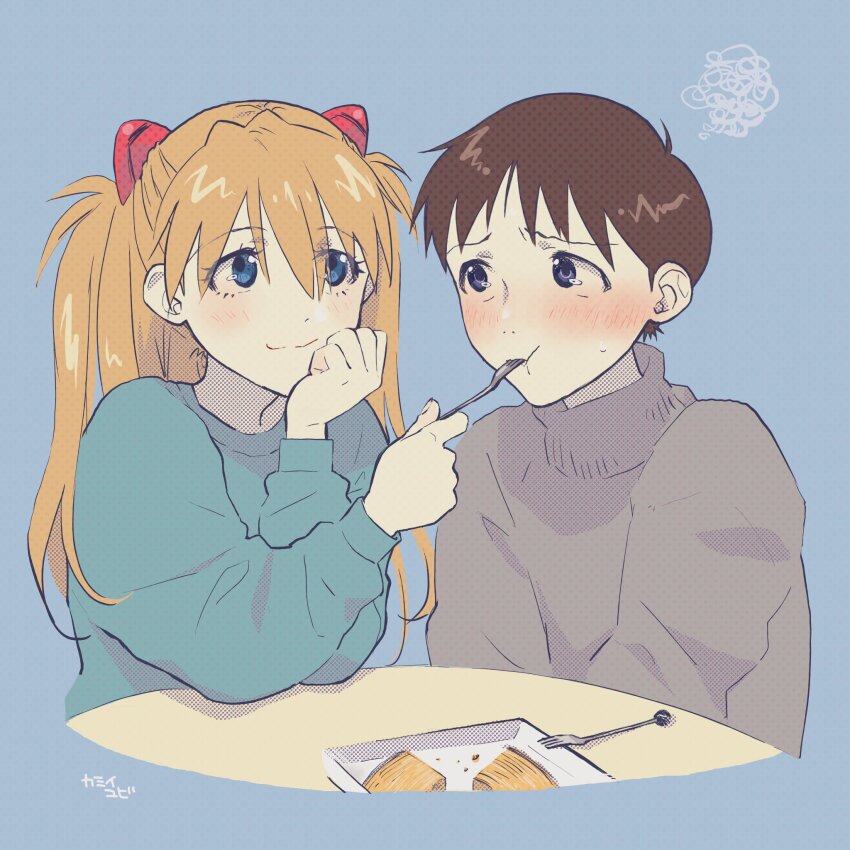 1boy 1girl blue_background blue_eyes blush brown_hair couple food hair_between_eyes hetero highres ikari_shinji neon_genesis_evangelion orange_hair simple_background smile souryuu_asuka_langley yubi_kamii