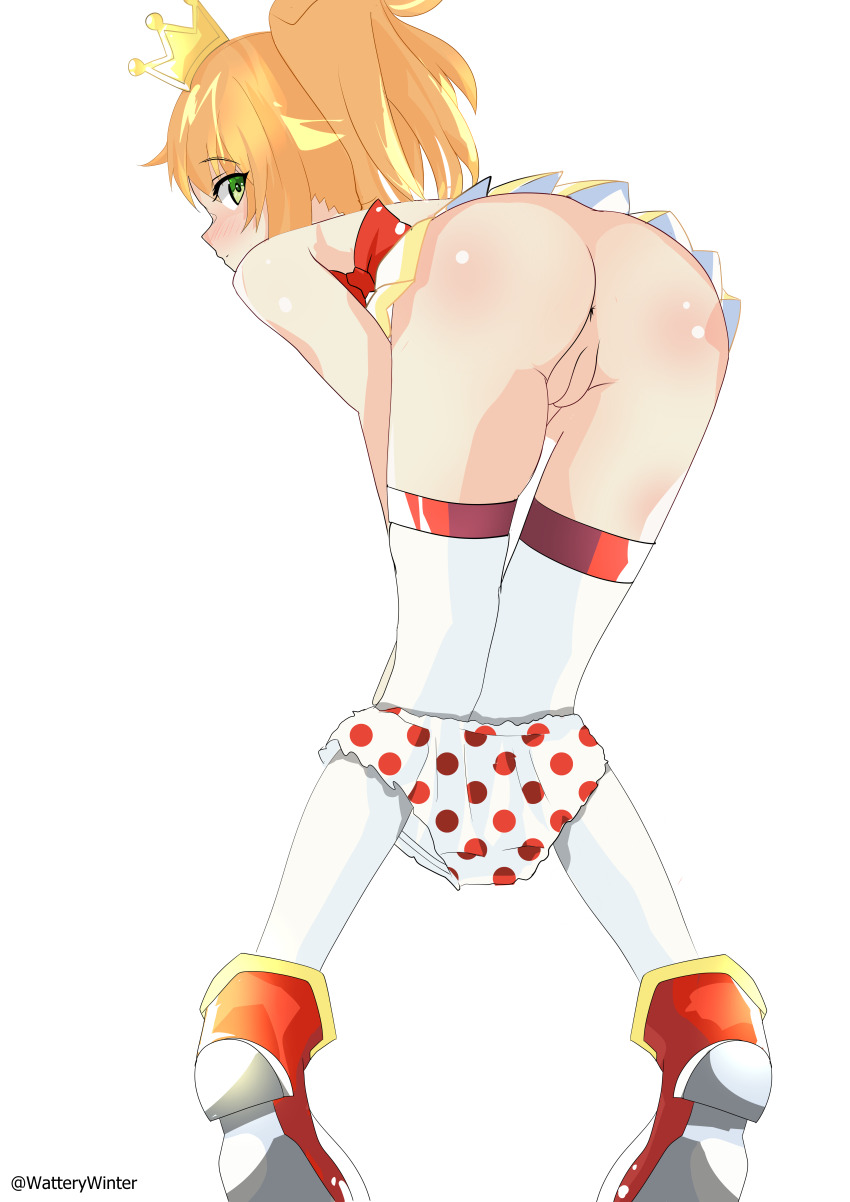 absurdres ass bad_tag crown famitsu_(neptunia) frills highres kneehighs loli neptune_(series) panties polka_dot polka_dot_panties ponytail skirt socks underwear watterywinter