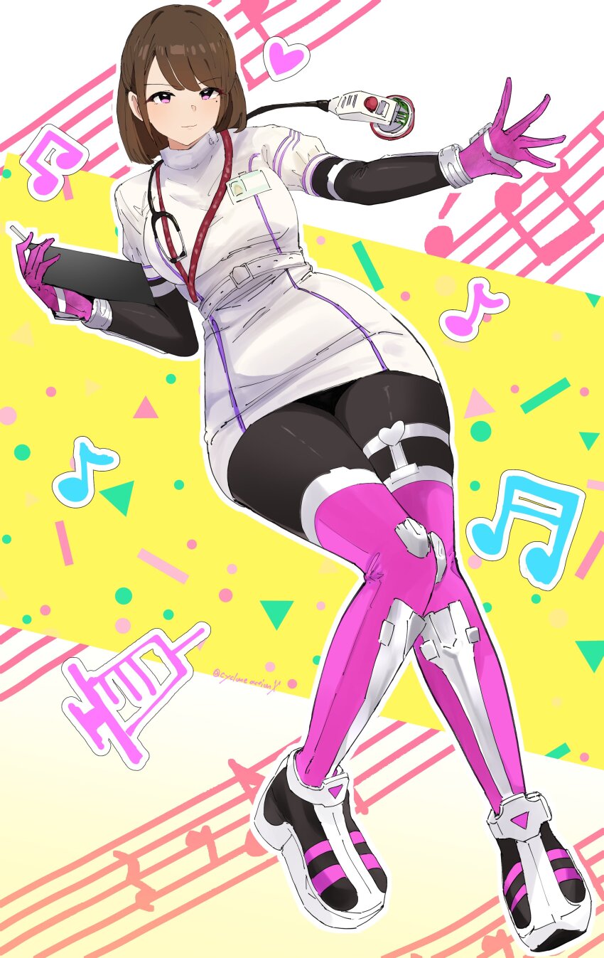 1girl absurdres bob_cut bodysuit bodysuit_under_clothes brown_hair cycloneactionx heart highres kamen_rider kamen_rider_ex-aid_(series) kamen_rider_poppy karino_asuna mole mole_under_eye musical_note nurse pink_eyes stethoscope
