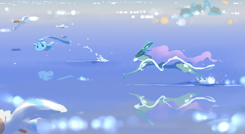 absurdres black_eyes blue_sclera colored_sclera floating gen_1_pokemon gen_2_pokemon gen_3_pokemon gen_4_pokemon highres lapras legendary_pokemon mythical_pokemon nintendo no_humans phione pokemon pokemon_(creature) purple_hair red_eyes reflection ribbon running suicune water wings wingull