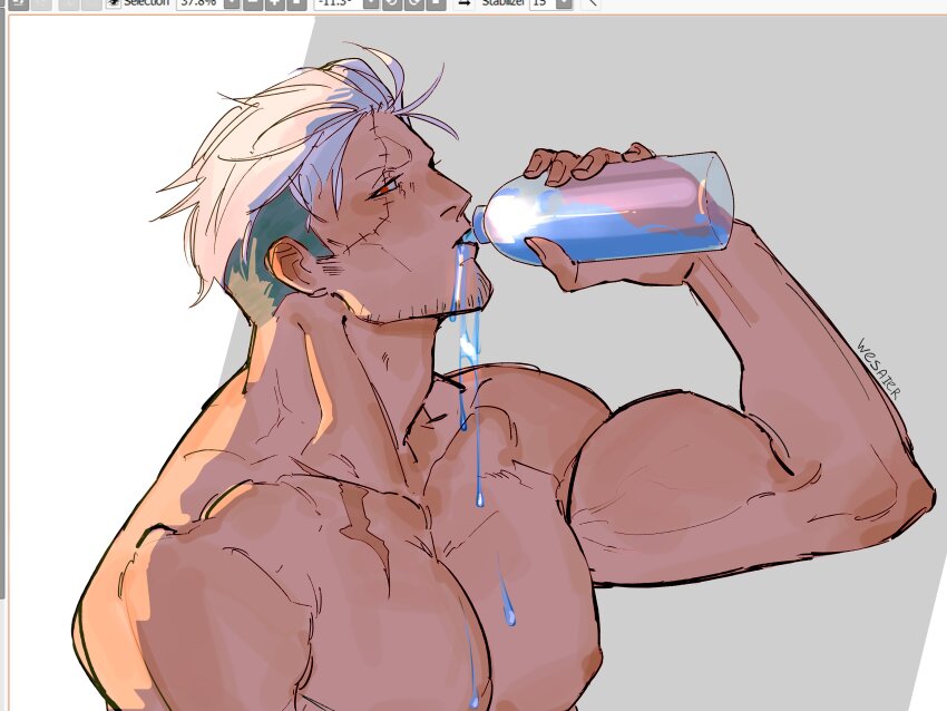 1boy absurdres arm_up art_program_in_frame bara beard_stubble biceps bottle collarbone commentary drinking facial_hair fingernails highres holding holding_bottle male_focus multicolored_hair muscular muscular_male nipples nude one_piece pectorals profile red_eyes scar scar_across_eye scar_on_chest scar_on_face sideburns smoker_(one_piece) solo spilling stubble two-tone_hair upper_body water water_bottle wesaier wet white_hair