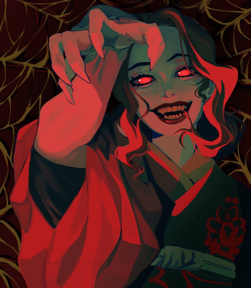 1girl black_hair black_kimono demon_girl fingernails genderswap genderswap_(mtf) highres japanese_clothes kibutsuji_muzan kibutsuji_muzan_(female) kimetsu_no_yaiba kimono looking_at_viewer naitm33r red_eyes sharp_fingernails