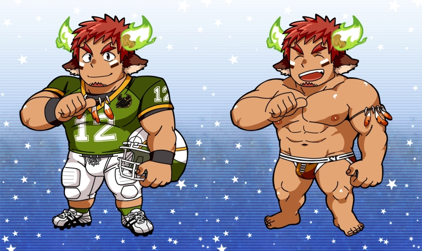 1boy ^_^ abs alternate_costume american_football_helmet american_football_uniform animal_ears bara barefoot blue_background blush brown_eyes brown_hair brown_male_swimwear brown_swim_briefs bulge chibi cleats closed_eyes cow_boy cow_ears cow_horns dark-skinned_male dark_skin ei_(marutendon) facial_hair feather_necklace fiery_horns forked_eyebrows full_body glowing_horns goatee gradient_background green_shirt helmet highres horns jewelry male_focus male_swimwear mature_male muscular muscular_male navel necklace nipples pectorals pointing pointing_at_self print_male_swimwear print_swim_briefs shirt short_hair short_sleeves shorts sideburns smile spiked_hair sportswear star_(symbol) star_symbol_background swim_briefs swimsuit thick_eyebrows tokyo_houkago_summoners topless_male unworn_headwear unworn_helmet wakan_tanka wakan_tanka_(fashionista_swimsuit) white_footwear white_shorts