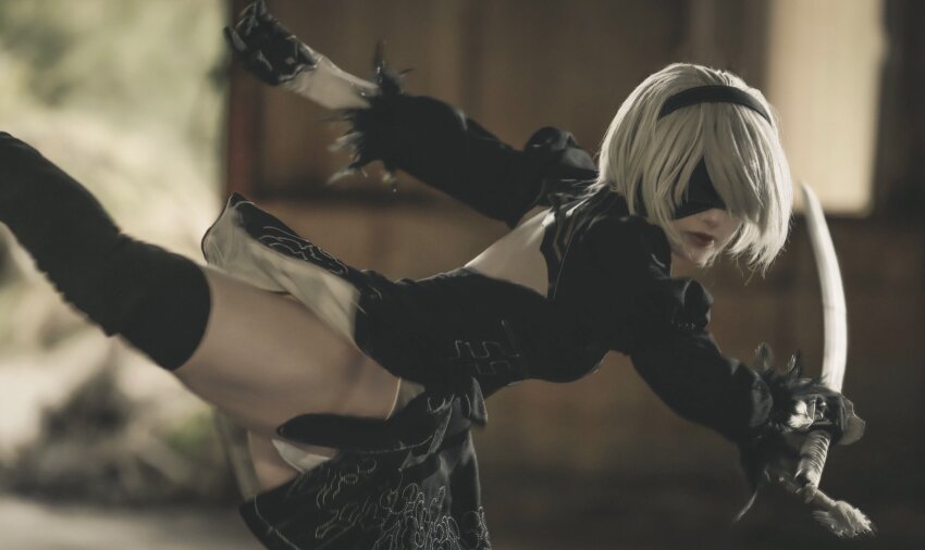 1girl 2024 2b_(nier:automata) action arm_up artist_name back_cutout basement black_blindfold black_boots black_dress black_gloves blindfold blue_eyes blurry blurry_background bob_cut boots breasts character_name cleavage cleavage_cutout closed_mouth clothing_cutout commentary contrapposto cosplay cosplay_photo day dress expressionless facing_viewer feather-trimmed_sleeves female_focus full_body gloves gluteal_fold hair_over_one_eye hairband heattech_leotard high_heel_boots high_heels highres holding holding_sword holding_weapon indoors juliet_sleeves katana kicking large_breasts legs_together leotard long_sleeves mole mole_under_mouth nier:automata nier_(series) photo_(medium) pink_lips puffy_sleeves puutin_cos real_life shadow short_hair skindentation solo standing standing_on_one_leg sword thick_lips thick_thighs thigh_boots thighs title upskirt weapon white_hair white_leotard wide_hips