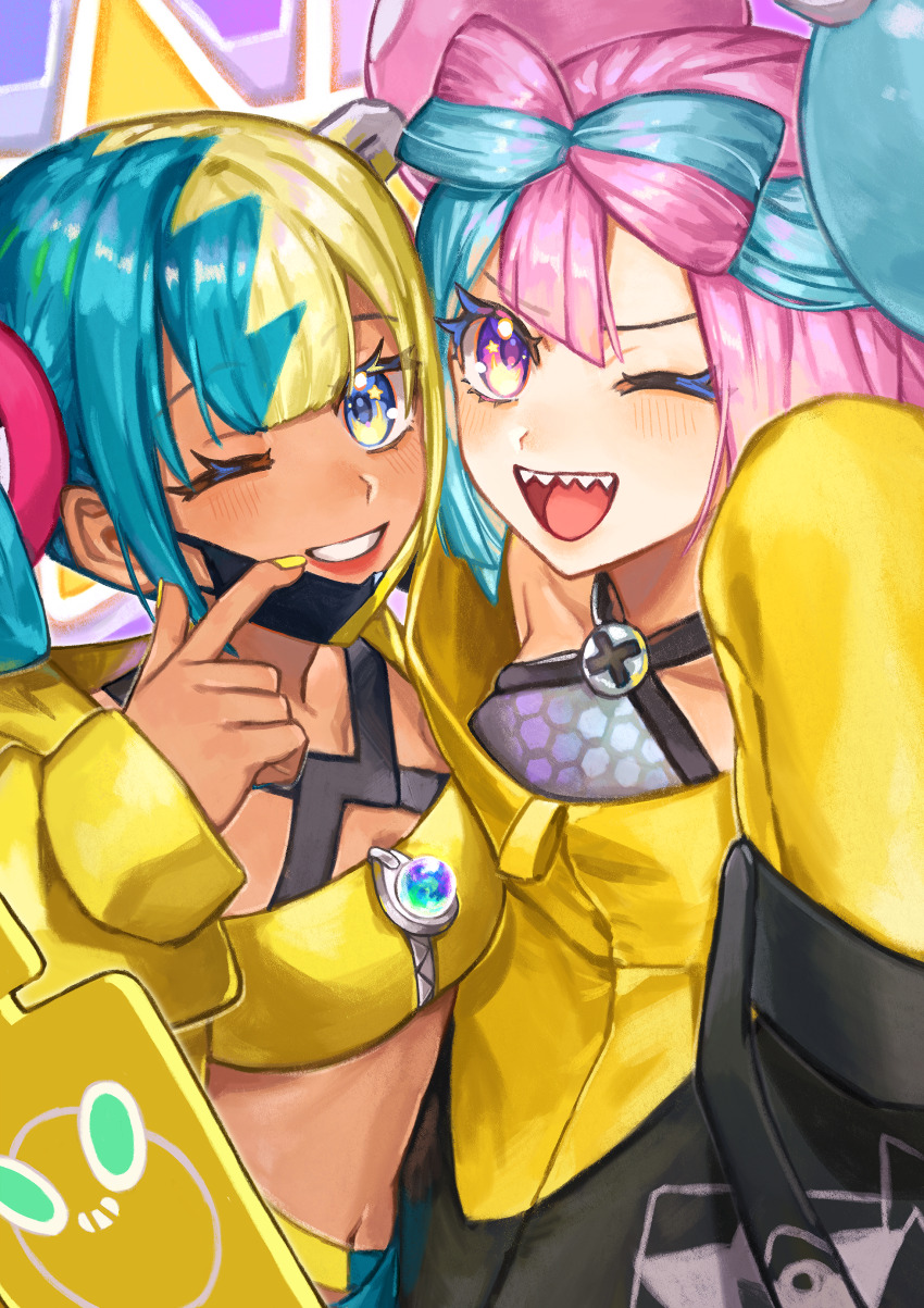2girls 3ikurasan absurdres canari_(pokemon) highres iono_(pokemon) multicolored_hair multiple_girls nintendo open_mouth pokemon pokemon_legends:_z-a pokemon_sv rotom rotom_phone sharp_teeth teeth two-tone_hair