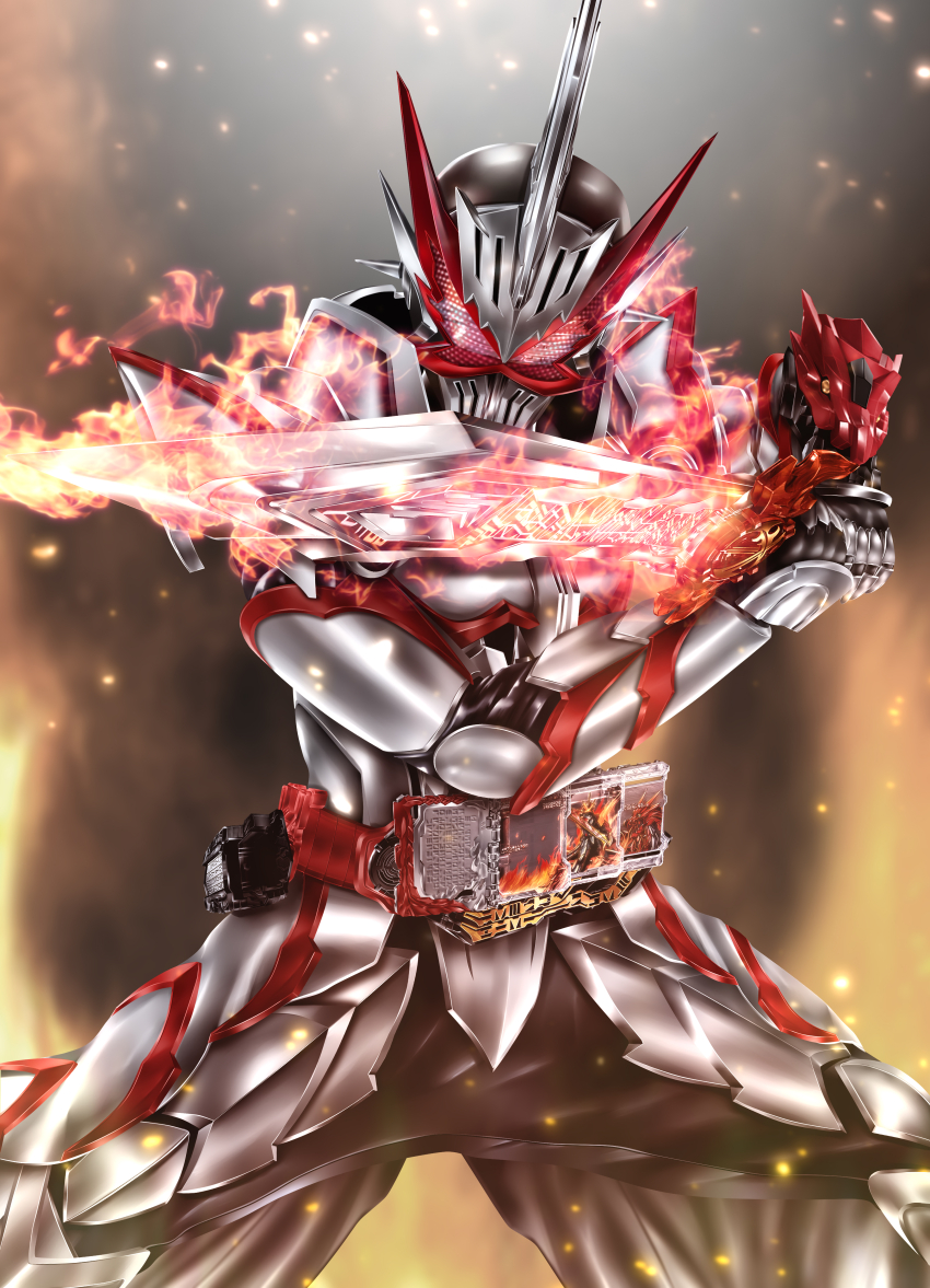 1boy absurdres armor belt elbow_spikes fake_horns fighting_stance fire flaming_sword flaming_weapon gauntlets helmet highres holding holding_sword holding_weapon horned_helmet horns kaenken_rekka kamen_rider kamen_rider_saber kamen_rider_saber_(series) kamen_rider_saber_draconic_knight knight kuzurx male_focus red_eyes rider_belt seiken_swordriver shoulder_armor shoulder_spikes single_horn solo spiked_armor spiked_gauntlets spiked_helmet spikes standing sword tokusatsu visor_(armor) weapon white_armor