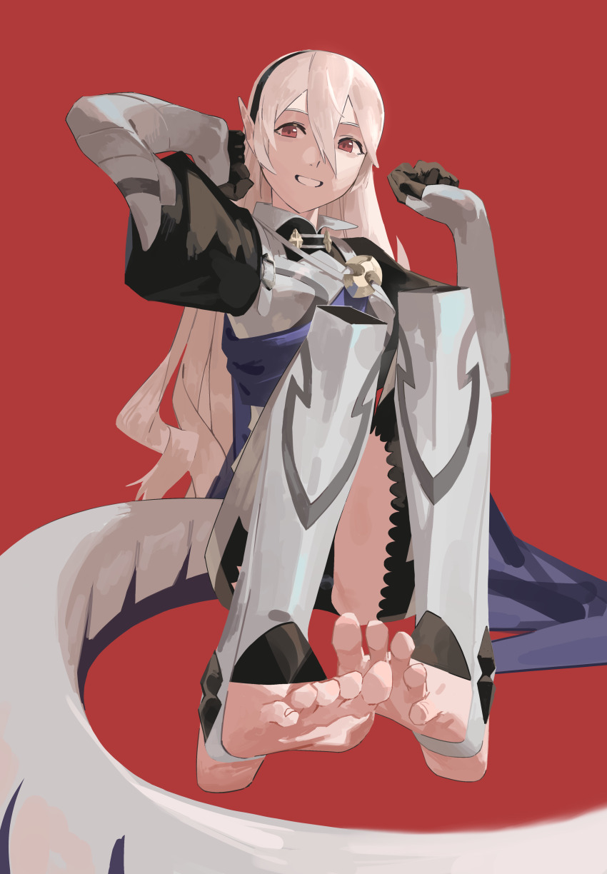 1girl absurdres barefoot corrin_(female)_(fire_emblem) corrin_(fire_emblem) feet fire_emblem highres long_hair looking_at_viewer nintendo parted_lips red_eyes smile soles stirrup_legwear toeless_legwear toes zg_(artist)