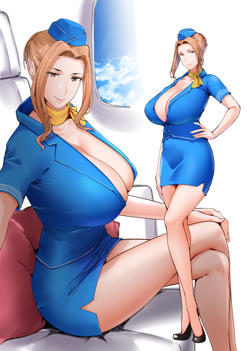 1girl absurdres blue_jacket blue_skirt breasts brown_eyes brown_hair cleavage curvy flight_attendant flight_attendant_hat hair_bun hand_on_own_hip highres huge_breasts jacket looking_at_viewer nypaon parted_bangs pencil_skirt scarf skirt smile solo tachibana-san-chi_no_dansei_jijou tachibana_kyouka_(jin) travel_attendant yellow_scarf