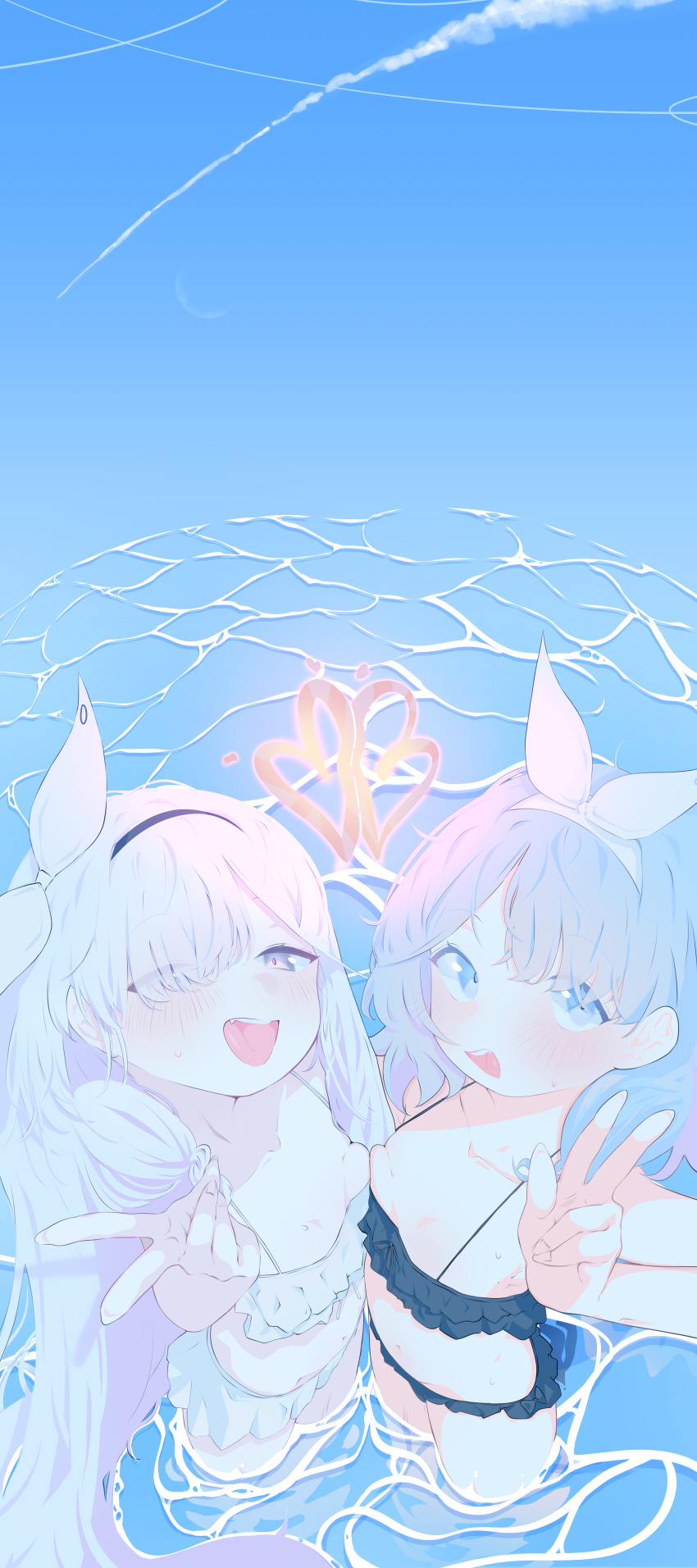 2girls absurdres arona_(blue_archive) asymmetrical_docking bikini blue_archive breast_press breasts frilled_bikini frills hair_over_one_eye hairband highres long_hair multiple_girls plana_(blue_archive) sharp_to_sharp small_breasts swimsuit