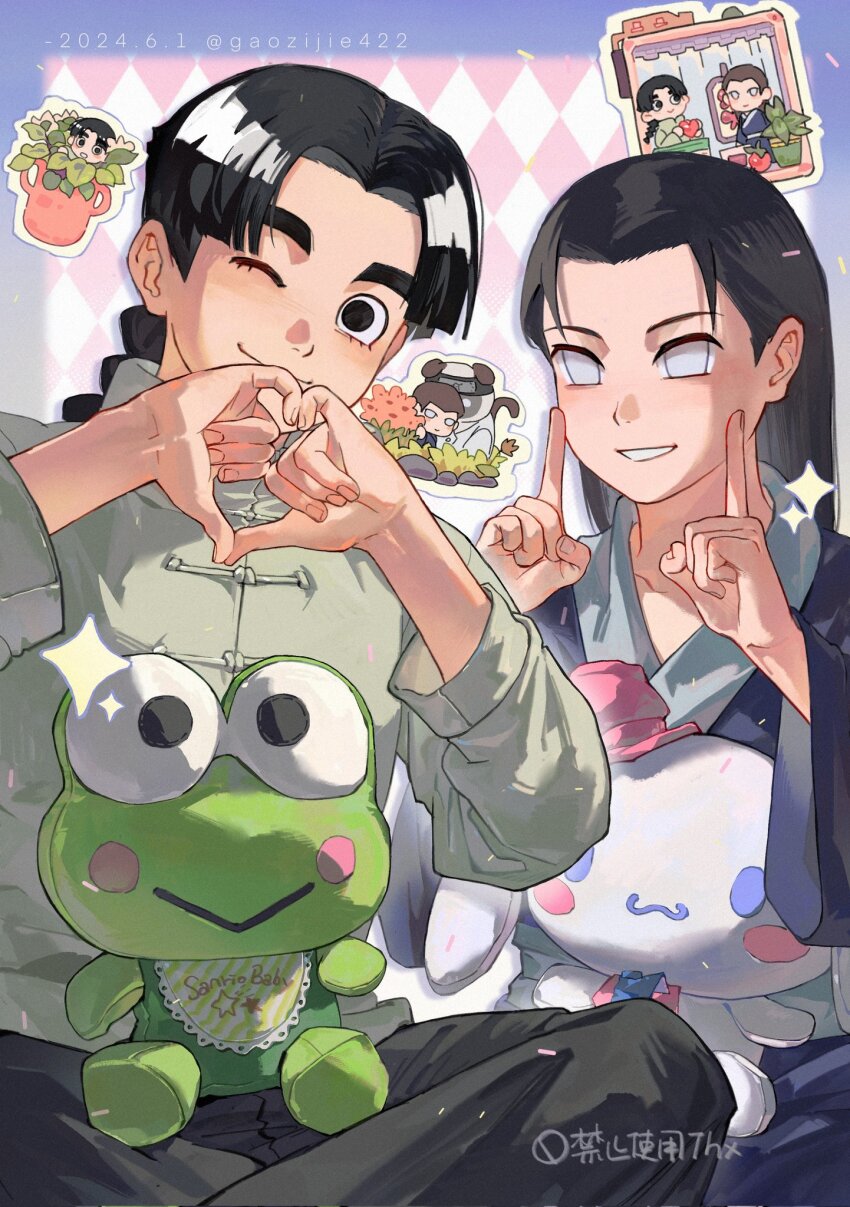 2boys black_eyes black_pants braid byakugan chinese_clothes cinnamoroll fuwa_fuwa_cinnamoroll gaozijie422 hasunoue_keroppi highres hyuuga_neji indian_style japanese_clothes kero_kero_keroppi looking_at_viewer male_focus multiple_boys naruto_(series) naruto_shippuuden one_eye_closed pants rock_lee sanrio single_braid sitting smile sparkle stuffed_toy thick_eyebrows white_eyes