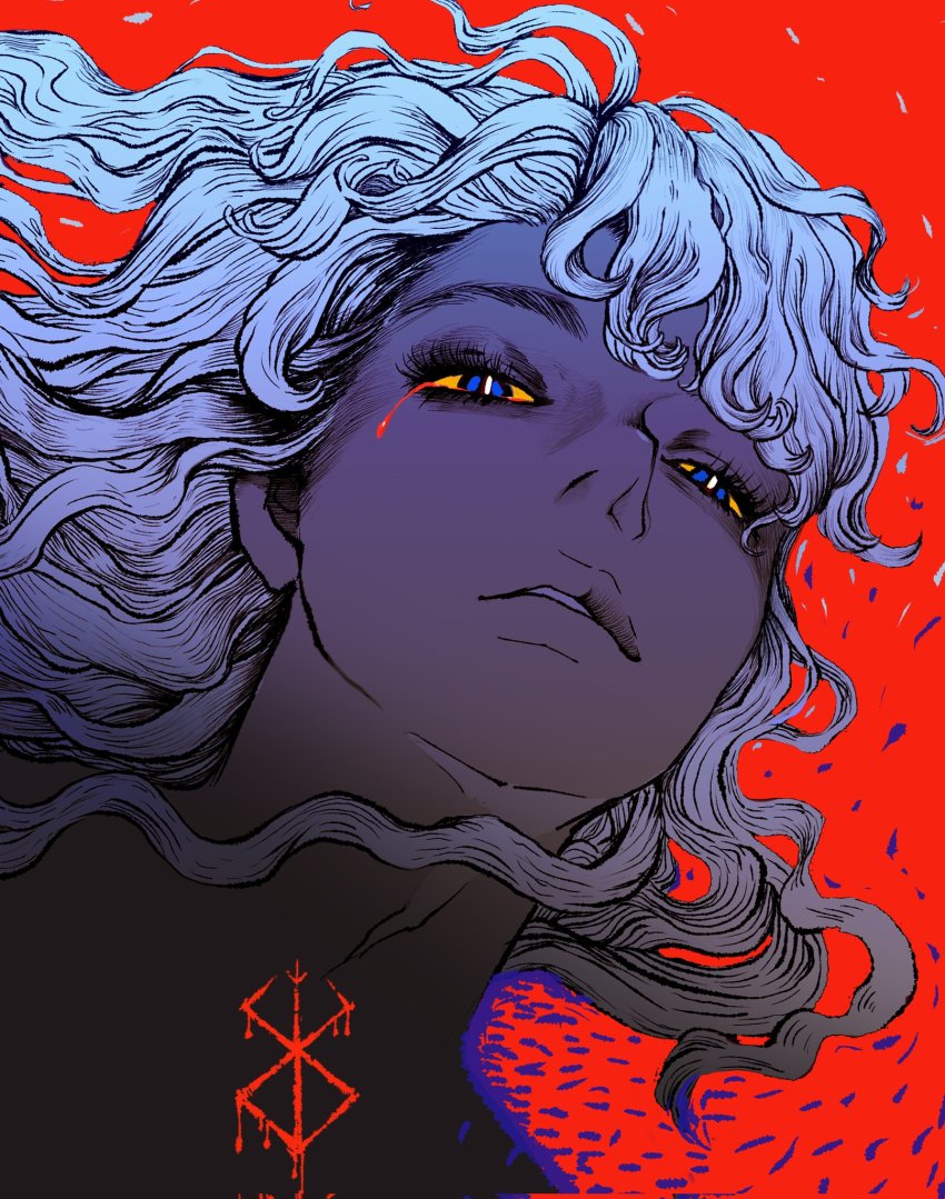 1boy berserk blood bloody_tears blue_eyes brand_of_sacrifice corrupted_twitter_file curly_hair eyelashes facing_viewer griffith_(berserk) highres long_hair male_focus nisino2222 open_mouth parted_lips red_background simple_background solo wavy_hair white_hair
