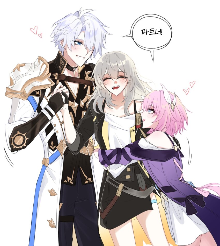 1boy 2girls 2rang_cm armor black_coat black_pants black_skirt blue_eyes coat commentary_request cyrene_(honkai:_star_rail) dress hair_ornament highres holding_hands honkai:_star_rail honkai_(series) korean_commentary korean_text multiple_girls pants pauldrons phainon_(honkai:_star_rail) pink_hair purple_coat shirt shoulder_armor simple_background single_pauldron skirt speech_bubble stelle_(honkai:_star_rail) trailblazer_(honkai:_star_rail) translation_request white_background white_coat white_dress white_hair white_shirt