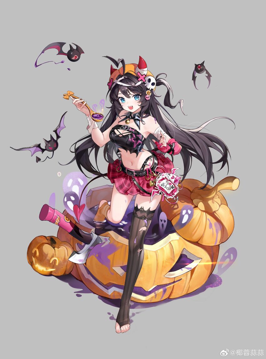 1girl absurdres asymmetrical_legwear axe bandaged_arm bandaged_horn bandaged_wrist bandages bare_shoulders bat_(animal) bell belt belt_charm black_belt black_hair black_nails black_tube_top blood blood_bag blue_eyes breasts brown_thighhighs charm_(object) chinese_commentary cleavage commentary_request demon_horns demon_tail fangs feet fingernails full_body ghost girls&#039;_frontline grey_background hair_between_eyes hair_ornament halloween halloween_costume hat highres holding holding_ladle horned_hat horns jack-o&#039;-lantern ladle lightning_ahoge long_hair looking_at_viewer miniskirt mismatched_legwear multicolored_nails navel neck_bell no_shoes official_alternate_costume official_art one-eyed one_side_up open_mouth orange_hat orange_socks pink_blood pink_skirt plaid_clothes plaid_skirt pumpkin purple_liquid purple_nails red_horns simple_background skirt skull_hair_ornament socks solo spiked standing standing_on_one_leg stechkin_(girls&#039;_frontline) stechkin_(witch&#039;s_potions_selling_like_hotcakes)_(girls&#039;_frontline) sticker stomach strapless striped_clothes striped_thighhighs tail teeth thighhighs toe_dipping toeless_legwear toenails toes tube_top uneven_legwear upper_teeth_only vertical-striped_clothes vertical-striped_thighhighs very_long_hair watermark weibo_username weibo_watermark x_hat_ornament xiaoxing