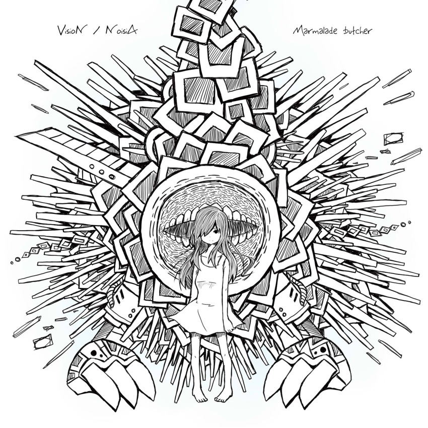1girl absurdres album_cover artist_request barefoot collarbone copyright_name cover dot_nose dress expressionless full_body greyscale hair_over_one_eye highres long_hair looking_at_viewer marmalade_butcher_(band) monochrome monster second-party_source short_dress simple_background solo song_name standing straight-on white_background