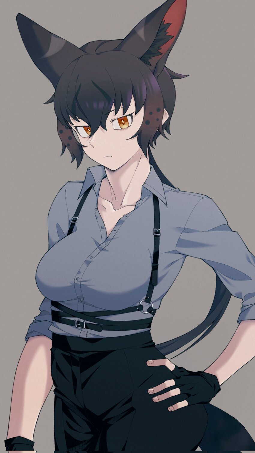 1girl animal_ears black_hair black_serval_(kemono_friends) cat_ears cat_girl cat_tail corrupted_twitter_file extra_ears fingerless_gloves gloves grey_background hauru_252 highres kemono_friends long_hair looking_at_viewer pants ponytail shirt simple_background solo suspenders tail yellow_eyes