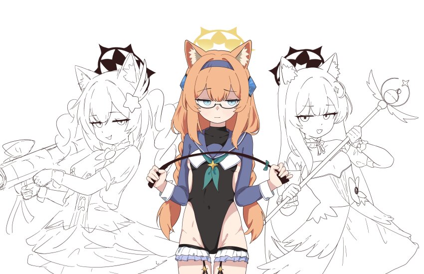 3girls 686panda absurdres blue_archive glasses groin highres mari_(blue_archive) multiple_girls orange_hair shimiko_(blue_archive) shimiko_(magical)_(blue_archive) simple_background tagme white_background