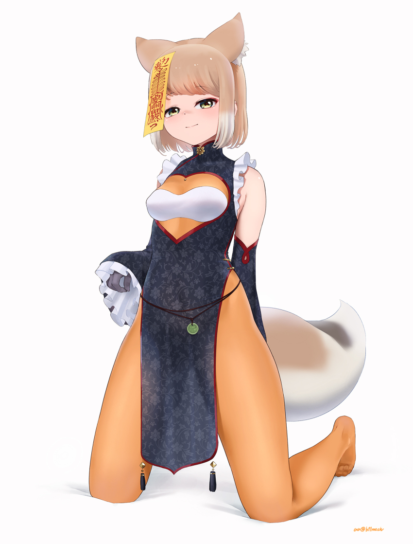 1girl animal_ears bare_shoulders beleven blue_dress blunt_bangs brown_gloves china_dress chinese_clothes detached_sleeves dress extra_ears floral_print floral_print_dress fox_ears fox_girl fox_tail frilled_dress frilled_sleeves frills gloves high_collar highres jiangshi_costume kemono_friends kneeling light_brown_hair looking_at_viewer multicolored_hair no_shoes ofuda ofuda_on_head orange_pantyhose pantyhose print_dress red_trim short_hair sidelocks smile solo tail tibetan_fox_(kemono_friends) white_hair yellow_eyes