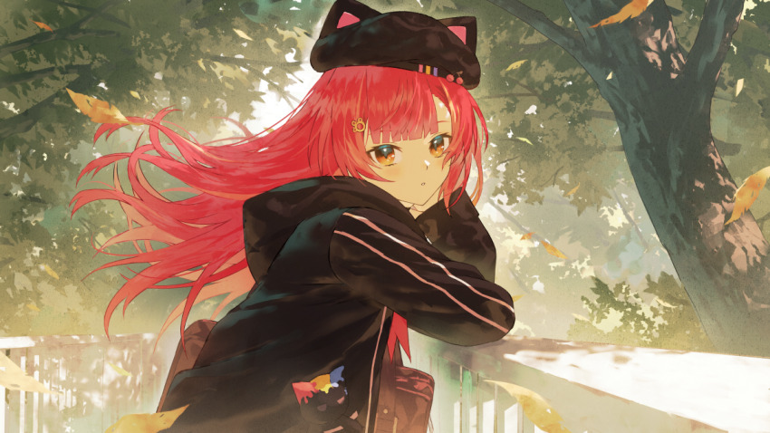 1girl against_railing animal_hat arm_rest bag beret black_hat black_jacket blunt_bangs cat_hat dappled_sunlight fagi_(kakikaki) falling_leaves floating_hair hat hood hooded_jacket hoodie jacket leaf long_hair looking_afar nekota_tsuna nekota_tsuna_(4th_costume) orange_eyes outdoors parted_lips paw_hair_ornament railing red_hair school_bag solo sunlight swept_bangs tree upper_body virtual_youtuber vspo!