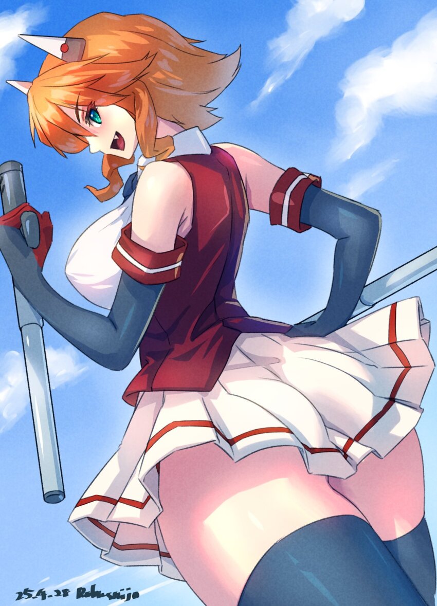 1girl ass breasts chaos_code elbow_gloves fang gloves happy highres huge_ass large_breasts looking_at_viewer mishima_rui rokusuijo school_uniform thighhighs tonfa weapon