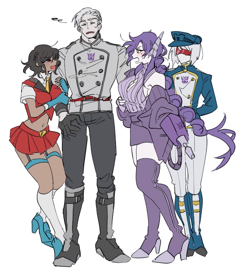 1boy 3girls 580aoi arm_cannon braid breasts dark_skin decepticon genderswap genderswap_(mtf) glasses gloves hat highres insignia megatron megatron_(transformers_one) multiple_girls open_mouth red_eyes shockwave_(transformers) short_hair simple_background skirt smile soundwave_(transformers) starscream thighhighs transformers transformers_one weapon