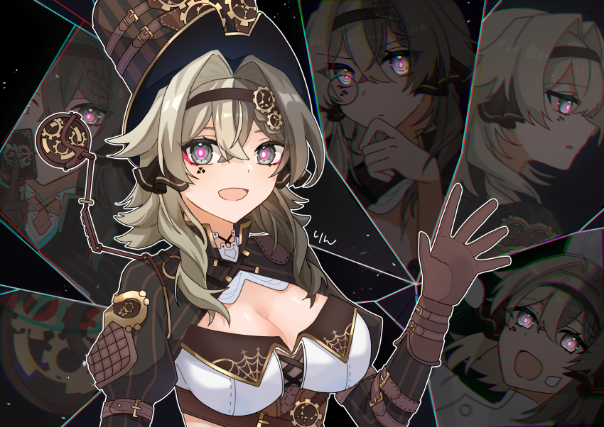 1girl black_gloves breasts brown_eyes brown_gloves chef chef_hat cleavage crack cracked_glass elbow_gloves gloves green_hair grey_hair hat highres honkai_(series) honkai_impact_3rd looking_at_viewer medium_breasts multicolored_hair pink_eyes top_hat ufo_(23494318) vill-v waving_arms