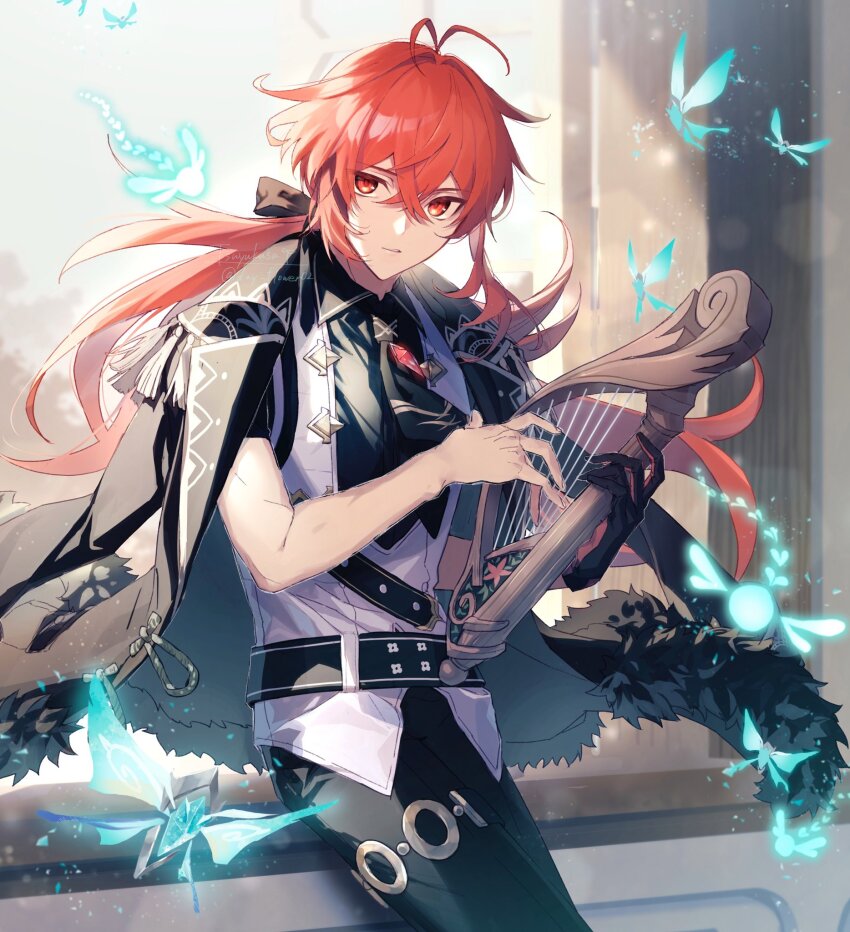 1boy against_railing antenna_hair belt black_belt black_bow black_gloves black_necktie black_pants black_shirt bow cowboy_shot crossed_bangs crystalfly_(genshin_impact) diluc_(genshin_impact) fur-trimmed_jacket fur_trim genshin_impact gloves hair_between_eyes hair_bow highres holding holding_instrument holding_lyre instrument jacket jacket_on_shoulders long_hair low_ponytail lyre male_focus music necktie pants parted_lips playing_instrument ponytail railing red_brooch red_eyes red_hair red_jacket shirt short_sleeves single_glove solo thigh_strap tsuyukusa_(eeta7273) twitter_username vest white_vest
