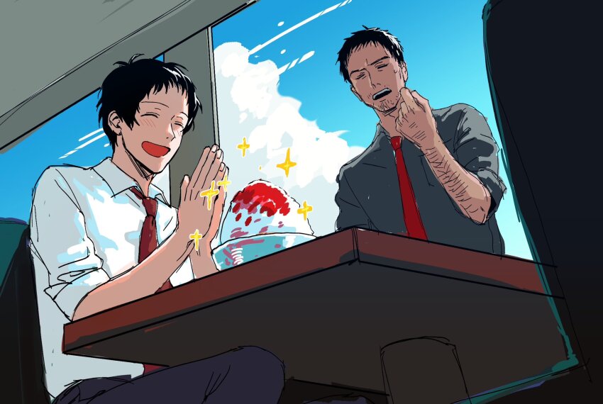 2boys adachi_tooru arm_hair beard_stubble black_hair black_pants blue_sky booth_seating closed_eyes cloud doujima_ryoutarou facial_hair food highres morrisuit multiple_boys necktie open_mouth own_hands_together pants persona persona_4 red_necktie shaved_ice shirt short_hair sky sleeves_rolled_up stubble sweatdrop upper_body white_shirt