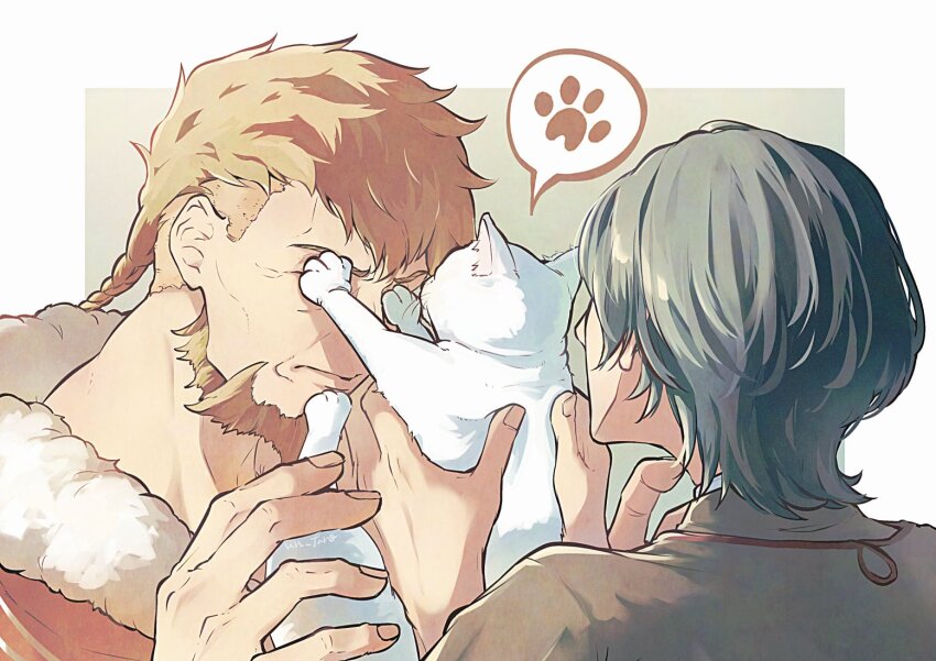 2boys animal arms_up beard blonde_hair braid male_byleth_(fire_emblem) cat closed_mouth commentary_request facial_hair father_and_son fire_emblem fire_emblem:_three_houses fur-trimmed_shirt fur_trim green_hair grey_shirt holding holding_animal holding_cat image_in_speech_bubble jeralt_reus_eisner male_focus mature_male multiple_boys nintendo orange_shirt shirt short_hair single_braid speech_bubble un_faro undercut white_cat wrinkled_skin