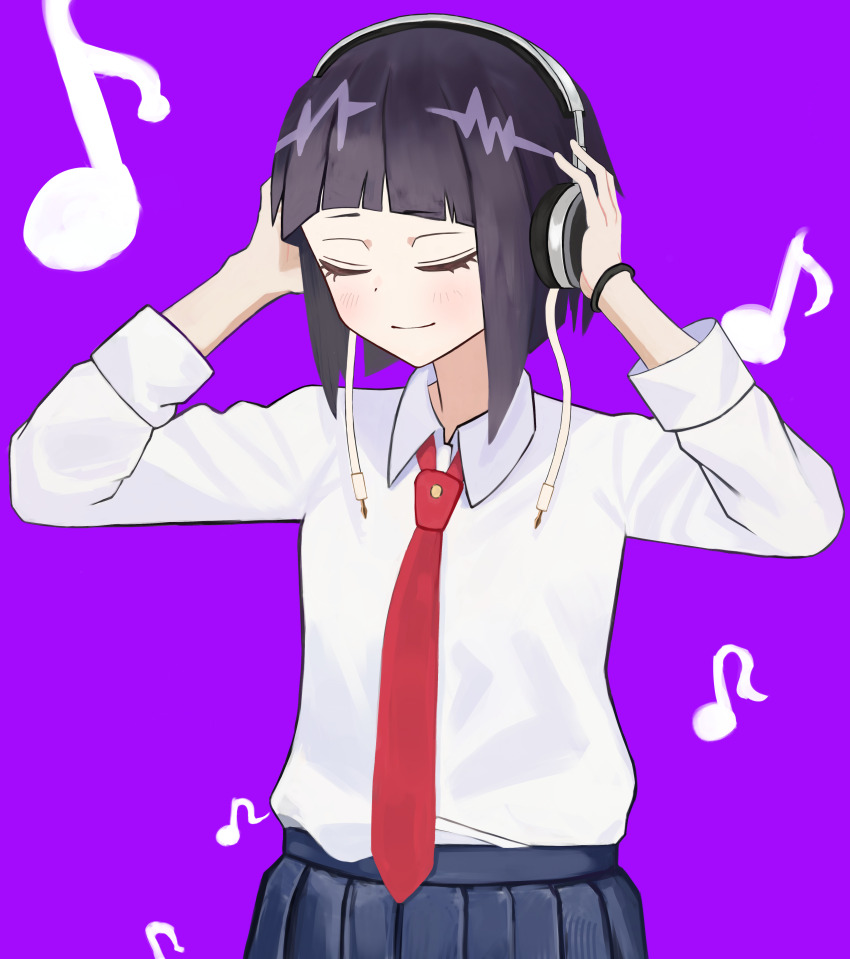 1girl absurdres audio_jack blunt_bangs blush boku_no_hero_academia closed_eyes collared_shirt colored_skin headphones highres jiro_kyoka listening_to_music long_earlobes long_sleeves musical_note neckerchief purple_background purple_hair red_neckerchief school_uniform shirt short_hair skirt smile solo white_shirt zczvzvzvz