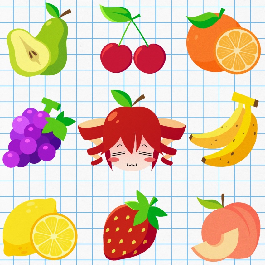 1girl :3 banana blush_stickers cherry closed_eyes closed_mouth cropped_head cryptidhermit drill_hair food fruit grapes grid_background highres kasane_teto lemon lemon_slice no_nose orange_(fruit) orange_slice peach peach_slice pear pear_slice red_hair smile solo strawberry twin_drills utau