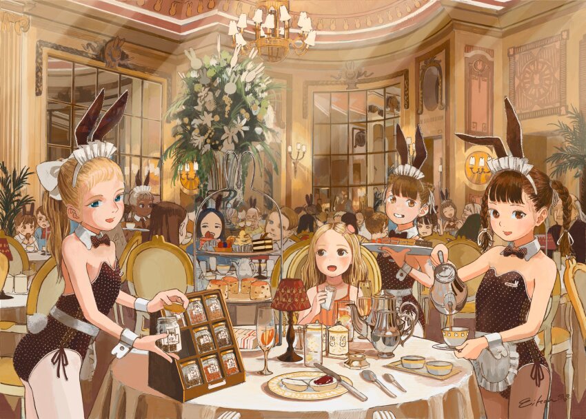 absurdres animal_ears blonde_hair blue_eyes bow bowtie braid brown_eyes brown_hair cake cup detached_collar eikoh food highres indoors jam lamp leotard looking_at_viewer looking_to_the_side maid_headdress multiple_boys multiple_girls name_tag open_mouth original pantyhose playboy_bunny pouring rabbit_ears signature sitting smile standing table tea teacup teapot twintails