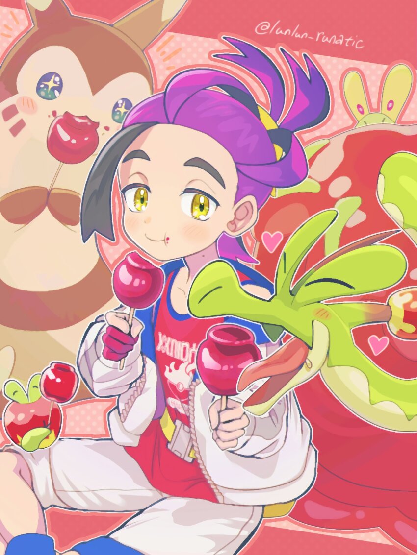 1boy applin black_hair blush candy_apple closed_eyes commentary_request eating food food_on_face furret gen_2_pokemon gen_8_pokemon gloves heart highres holding holding_food hydrapple jacket kieran_(pokemon) long_sleeves male_focus mole mole_on_neck multicolored_hair nintendo open_clothes open_jacket open_mouth partially_fingerless_gloves pokemon pokemon_(creature) pokemon_sv purple_hair red_gloves red_tank_top runachikku shorts simple_background single_glove sitting tank_top tongue twitter_username white_jacket yellow_eyes